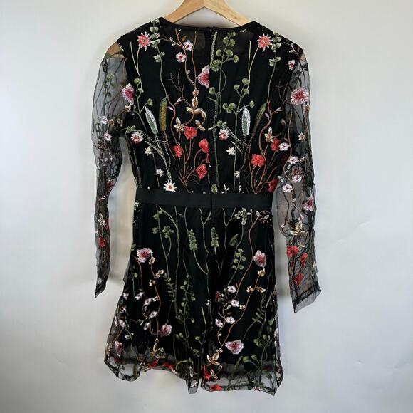 Black Midi Sheer Sleeve Embroidered Floral Knee Length Dress Womens Size Small - Picture 6 of 14